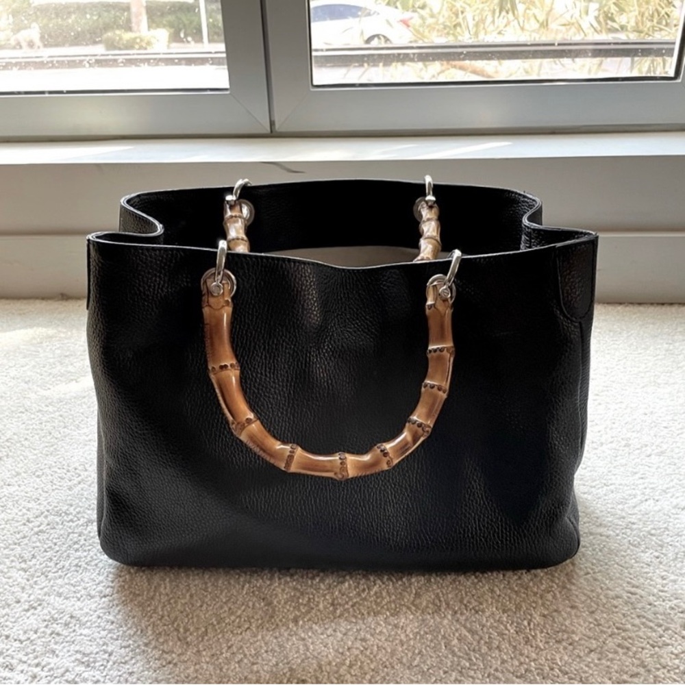 Mark and Graham dark navy leather and bamboo handles silver hardware bag